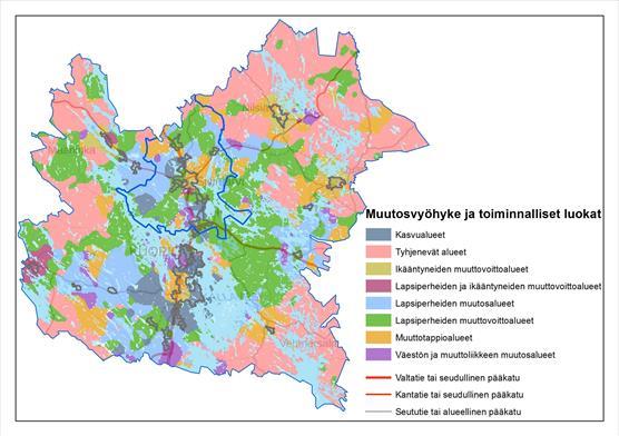 Maaseudun kehitysvyöhykkeet, muutos- ja dynamiikkaluokitus. Myös asumattomat alueet on luokiteltu